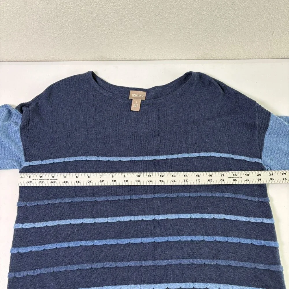 Chicos Touch of Cashmere Striped Sweater Size 1 US M 8 10 Blue Indigo Pullover